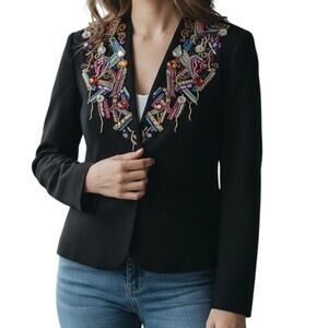 Diane Freis Vintage Knit Embellished Cardigan S/M Shoulder Pads Wool 80s Glam